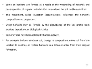 • Some on horizons are formed as a result of the weathering of minerals and
decomposition of organic materials that move down the soil profile over time.
• This movement, called illuviation (accumulation), influences the horizon's
composition and properties.
• Other horizons may be formed by the disturbance of the soil profile from
erosion, deposition, or biological activity.
• Soils may also have been altered by human activity.
• For example, builders compact soil, change its composition, move soil from one
location to another, or replace horizons in a different order from their original
formation.
16
 