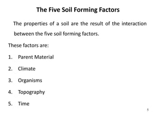 The Five Soil Forming Factors
The properties of a soil are the result of the interaction
between the five soil forming factors.
These factors are:
1. Parent Material
2. Climate
3. Organisms
4. Topography
5. Time
5
 