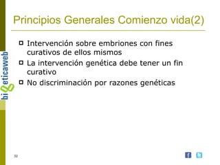 Principios Generales Comienzo vida(2) Intervención sobre embriones con fines curativos de ellos mismos La intervención genética debe tener un fin curativo No discriminación por razones genéticas 