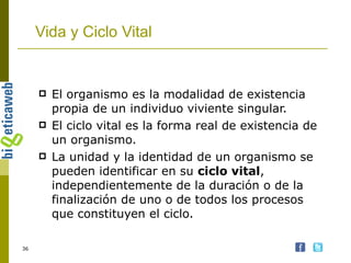Vida y Ciclo Vital El organismo es la modalidad de existencia propia de un individuo viviente singular. El ciclo vital es la forma real de existencia de un organismo. La unidad y la identidad de un organismo se pueden identificar en su  ciclo vital , independientemente de la duración o de la finalización de uno o de todos los procesos que constituyen el ciclo. 