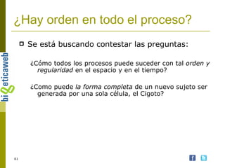 ¿Hay orden en todo el proceso? Se está buscando contestar las preguntas: ¿Cómo todos los procesos puede suceder con tal  orden y regularidad  en el espacio y en el tiempo? ¿Como puede  la forma completa  de un nuevo sujeto ser generada por una sola célula, el Cigoto? 