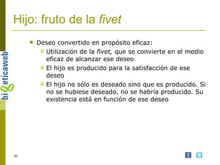 Hijo: fruto de la  fivet Deseo convertido en propósito eficaz: Utilización de la  fivet,  que se convierte en el medio eficaz de alcanzar ese deseo El hijo es producido para la satisfacción de ese deseo El hijo no sólo es deseado sino que es producido. Si no se hubiese deseado, no se habría producido. Su existencia está en función de ese deseo 