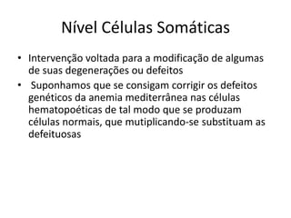 Nível Células Somáticas
• Intervenção voltada para a modificação de algumas
de suas degenerações ou defeitos
• Suponhamos que se consigam corrigir os defeitos
genéticos da anemia mediterrânea nas células
hematopoéticas de tal modo que se produzam
células normais, que mutiplicando-se substituam as
defeituosas

 