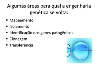 Algumas áreas para qual a engenharia
genética se volta:






Mapeamento
Isolamento
Identificação dos genes patogênicos
Clonagem
Transferência

 