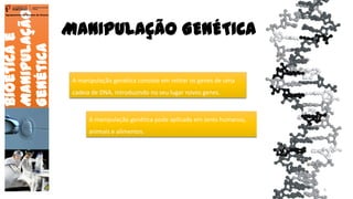 Bioéticae
Manipulação
Genética
Agrupamento de Escolas de Arouca
A manipulação genética consiste em retirar os genes de uma
cadeia de DNA, introduzindo no seu lugar novos genes.
A manipulação genética pode aplicada em seres humanos,
animais e alimentos.
MANIPULAÇÃO GENÉTICA
5
 