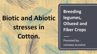 Biotic and Abiotic
stresses in
Cotton. Presnted by :
VISHWAS ACHARYA
Breeding
legumes,
Oilseed and
Fiber Crops
 