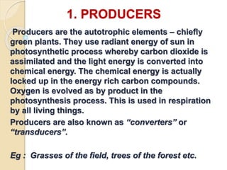 1. PRODUCERS 
Producers are the autotrophic elements – chiefly 
green plants. They use radiant energy of sun in 
photosynthetic process whereby carbon dioxide is 
assimilated and the light energy is converted into 
chemical energy. The chemical energy is actually 
locked up in the energy rich carbon compounds. 
Oxygen is evolved as by product in the 
photosynthesis process. This is used in respiration 
by all living things. 
Producers are also known as “converters” or 
“transducers”. 
Eg : Grasses of the field, trees of the forest etc. 
 
