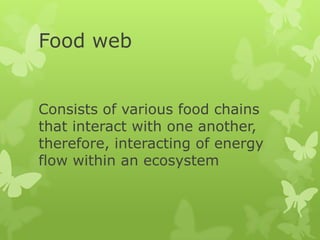 Food web


Consists of various food chains
that interact with one another,
therefore, interacting of energy
flow within an ecosystem
 