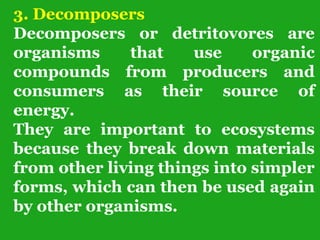 3. Decomposers
Decomposers or detritovores are
organisms that use organic
compounds from producers and
consumers as their source of
energy.
They are important to ecosystems
because they break down materials
from other living things into simpler
forms, which can then be used again
by other organisms.
 