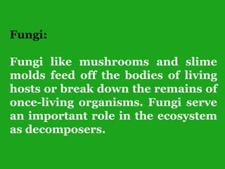 Fungi:
Fungi like mushrooms and slime
molds feed off the bodies of living
hosts or break down the remains of
once-living organisms. Fungi serve
an important role in the ecosystem
as decomposers.
 