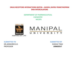 DRUG RECEPTORS INTERACTIONS BIOTIN – AVIDIN ,DHFRS-TRIMETHOPRIM
                             DNA INTERCALATORS

                     DEPARTMENT OF PHARMACEUTICAL
                              CHEMISTRY
                                 MCOPS




SUBMITTED TO                                     SUBMITTED BY
DR.JAYASHREE.B.S                                   SHIKHA TYAGI
PROFESSOR                                           100602017
 