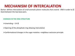 MECHANISM OF INTERCALATION
Barton defines intercalation of small aromatic planer molecules that unwind DNA in order to ∏
Stack between the two base pairs.


   CHANGES IN THE DNA STRUCTURE

   Unwinding – 3.4 Ặ

   Opening of the phosphate ring allowing intercalation

   Conformational changes in the sugar moieties –neighbour exclusion principle
 