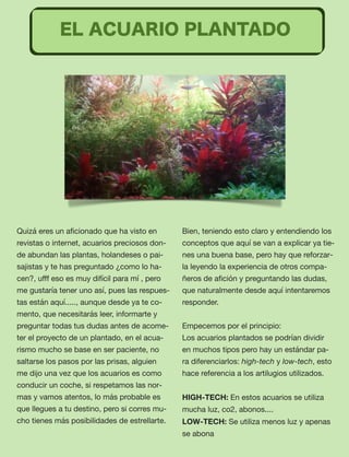 Quizá eres un aﬁcionado que ha visto en
revistas o internet, acuarios preciosos don-
de abundan las plantas, holandeses o pai-
sajistas y te has preguntado ¿como lo ha-
cen?, uﬀf eso es muy difícil para mí , pero
me gustaría tener uno así, pues las respues-
tas están aquí....., aunque desde ya te co-
mento, que necesitarás leer, informarte y
preguntar todas tus dudas antes de acome-
ter el proyecto de un plantado, en el acua-
rismo mucho se base en ser paciente, no
saltarse los pasos por las prisas, alguien
me dijo una vez que los acuarios es como
conducir un coche, si respetamos las nor-
mas y vamos atentos, lo más probable es
que llegues a tu destino, pero si corres mu-
cho tienes más posibilidades de estrellarte.
Bien, teniendo esto claro y entendiendo los
conceptos que aquí se van a explicar ya tie-
nes una buena base, pero hay que reforzar-
la leyendo la experiencia de otros compa-
ñeros de aﬁción y preguntando las dudas,
que naturalmente desde aquí intentaremos
responder.
Empecemos por el principio:
Los acuarios plantados se podrían dividir
en muchos tipos pero hay un estándar pa-
ra diferenciarlos: high-tech y low-tech, esto
hace referencia a los artilugios utilizados.
HIGH-TECH: En estos acuarios se utiliza
mucha luz, co2, abonos....
LOW-TECH: Se utiliza menos luz y apenas
se abona
EL ACUARIO PLANTADO
 