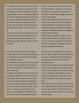 7
Al pretender emular a la naturaleza, parti-
mos con una pequeña ventaja. En cada
ecosistema acuático hallaremos lugares
de gran belleza, y con muchas posibilida-
des de ser imitado hasta cierto punto. Es
por ello que partiendo desde esta base,
sea posible lograr un atractivo diseño,
sin que sea necesario que seamos gran-
des paisajistas o tener que inventar na-
da.
Ya lo hace la naturaleza por nosotros, en
nuestra mano está, observarla con una
mirada de aprendizaje y ﬁjándonos en
pequeños detalles que se repiten invaria-
blemente.
Un buen comienzo puede ser, ir descu-
briendo algunos de los acuarios de bióto-
po más populares entre los aﬁcionados
a lo largo del mundo.
Últimamente han ganado fuerza los acua-
rios dedicados a especies que vivan en
arroyos de montaña, u otros lugares con
fuerte corriente.
El avance en el desarrollo de bombas de
circulación, cada vez más eﬁcaces y po-
tentes, permite simular mejor las condi-
ciones de estos ambientes. Igualmente,
el número cada vez mayor de especies
que viven en estas aguas rápidas, como
Gobios, Lochas y muchos otros, nos
ofrece la posibilidad de mantener acua-
rios simulando este interesante hábitat.
Cientos de especies de plantas diferen-
tes, disponibles a través de comercios
cercanos o por Internet, nos ayuda a
componer grandiosos vergeles subacuá-
ticos en el acuario.
Buscando información mediante foros
como este, o las muchísimas páginas
web donde hallar los datos concretos,
encontraremos las relaciones de espe-
cies que comparten hábitat y lo traslada-
remos entre cristales.
El prodigioso avance en cuanto a cali-
dad de las pantallas LED para ilumina-
ción de acuarios, supone un notable in-
cremento entre las variedades de plan-
tas que podemos introducir.
Otro de los más habituales, son bióto-
pos de aguas negras, normalmente ama-
zónicas y donde destacan especies co-
mo los Neones, Discos y Escalares o
Apistogramma.
Hay varias maneras de conseguir oscure-
cer el tono del agua, uno de los más có-
modos es a través de extractos de turba
y otros vegetales. Se venden en cual-
quier tienda del ramo, en el caso de no
tenerlo, siempre nos lo podrán conse-
guir.
Además de colorear el agua, también tie-
ne la capacidad de cambiar ciertos pará-
metros como el ph, acercándose así, a
los que se pueden encontrar en sus luga-
res de origen.
 