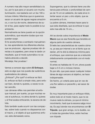 88
A numero mas alto mayor sensibilidad a la
luz, por lo que para un acuario con mucha
iluminación, nos bastaría con un Iso 100 o
incluso inferior. Mientras que si queremos
sacar un acuario de aguas negras amazóni-
co, o con luz de noche, deberemos de su-
bir el Iso, para captar todo lo posible la luz
ambiente.
Normalmente se tiene puesto en la opción
automática, que resuelve dudas que nos
puedan surgir.
Si te acostumbras a cambiarlo manualmen-
te, iras aprendiendo los diferentes efectos
que se producen, algunas pruebas irán di-
rectas a la papelera, pero otras te darán un
resultado, que el modo automático no se
habría atrevido a decidir.
Moraleja; Haz pruebas !
Vamos a conocer algo sobre El Enfoque,
esto es algo que nos puede dar auténticos
quebraderos de cabeza.
¿Enfocar? ¿Por qué? si enfocar es fácil.
Si, enfocar es fácil a simple vista, pero enfo-
car bien, donde tu quieres, a veces no es
tan sencillo.
Las cámaras réﬂex nos permiten el enfo-
que manual, por suerte, ya que muchas ve-
ces el autofocus, no atina donde tu quieres
y al ﬁnal acaba enfocando, la escena de de-
trás.
Esto también suele ocurrir con las compac-
tas, sobre todo cuando no disparamos con
el macro, y el objeto al que queremos enfo-
car, esta demasiado cerca.
Supongamos, que tu cámara tiene una dis-
tancia para enfocar, o profundidad de cam-
po de 15 cm en adelante, de nada sirve in-
tentar sacar un pez u otro objeto, que se
encuentra a 6 cm.
La pobre cámara, intentara hacer para lo
que esta diseñada, que es enfocar lo que
este mas allá de 15 cm....
Ahí es donde cobra importancia el Modo
Macro que es esa ﬂorecilla que tendréis en
alguna parte de vuestra cámara.
Si leéis las características de vuestra cáma-
ra, ya sea por internet o en el librito que os
darían, ahí te dirá la distancia mínima para
el enfoque, que veremos que se a reducido
drásticamente comparándolo con el modo
normal.
Si antes os hablaba de 15 cm, ahora puede
bajar a 3-5 cm o incluso menos.
Es por ello, que para sacar cualquier instan-
tánea de algo cercano al objetivo, se hace
indispensable.
De hecho, yo votaría para que en vez de
una ﬂor saliera un pececillo y así sacar de
dudas
Es muy importante para un enfoque nítido,
sobre todo en el modo macro, que no se
mueva nada la cámara, ya que el mínimo
movimiento, hará que la escena salga movi-
da. Es aquí donde nos encontramos con El
Trípode, que gran amigo, no lo dudéis, ca-
si todas las grandes fotos, están hechas
con trípode
 