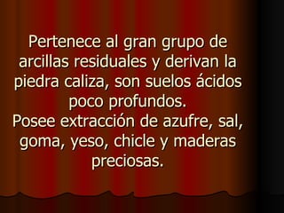 Pertenece al gran grupo de
 arcillas residuales y derivan la
piedra caliza, son suelos ácidos
         poco profundos.
Posee extracción de azufre, sal,
 goma, yeso, chicle y maderas
            preciosas.
 