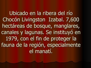 Ubicado en la ribera del río
 Chocón Livingston Izabal. 7,600
hectáreas de bosque, manglares,
canales y lagunas. Se instituyó en
  1979, con el fin de proteger la
fauna de la región, especialmente
            el manatí.
 