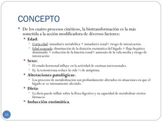 CONCEPTO
      De los cuatro procesos cinéticos, la biotransformación es la más
       sometida a la acción modificadora de diversos factores:
         Edad:
           Corta edad: inmaduréz metabólica + inmaduréz renal= riesgo de intoxicación.
           Edad avanzada: disminución de la dotación enzimática del hígado + flujo hepático
            disminuído + reducción de la función renal= aumento de la vida media y riesgo de
            intoxicación
         Sexo:
           El estado hormonal influye en la actividad de enzimas microsomales.
           Ej: la testosterona reduce la vida ½ de antipirina.
         Alteraciones patológicas:
           Los procesos de metabolización son profundamente alterados en situaciones en que el
            hígado se ve intensamente afectado.
         Dieta:
           La dieta puede influir sobre la flora digestiva y su capacidad de metabolizar ciertos
            fármacos.
         Inducción enzimática.


15
 