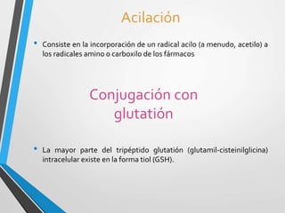 Acilación 
• Consiste en la incorporación de un radical acilo (a menudo, acetilo) a 
los radicales amino o carboxilo de los fármacos 
Conjugación con 
glutatión 
• La mayor parte del tripéptido glutatión (glutamil-cisteinilglicina) 
intracelular existe en la forma tiol (GSH). 
 