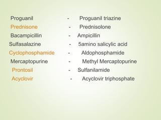 Proguanil - Proguanil triazine
Prednisone - Prednisolone
Bacampicillin - Ampicillin
Sulfasalazine - 5amino salicylic acid
Cyclophosphamide - Aldophosphamide
Mercaptopurine - Methyl Mercaptopurine
Prontosil - Sulfanilamide
Acyclovir - Acyclovir triphosphate
 