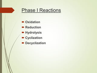 Phase I Reactions
 Oxidation
 Reduction
 Hydrolysis
 Cyclization
 Decyclization
 