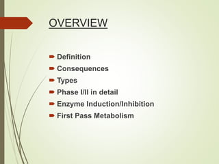 OVERVIEW
 Definition
 Consequences
 Types
 Phase I/II in detail
 Enzyme Induction/Inhibition
 First Pass Metabolism
 