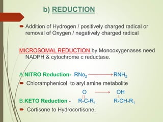 b) REDUCTION
 Addition of Hydrogen / positively charged radical or
removal of Oxygen / negatively charged radical
MICROSOMAL REDUCTION by Monooxygenases need
NADPH & cytochrome c reductase.
A.NITRO Reduction- RNo2 RNH2
 Chloramphenicol to aryl amine metabolite
O OH
B.KETO Reduction - R-C-R1 R-CH-R1
 Cortisone to Hydrocortisone,
 