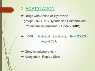 2. ACETYLATION
 Drugs with Amino or Hydrazine
groups - INH,PAS,Hydralazine,Sulfonamides
Procainamide,Dapsone. ( Code - SHIP)
 R-NH2 N Acetyl transferase R-NHCOCH3
Acetyl CoA
 Genetic polymorphism
 Acetylation- Rapid / Slow
 