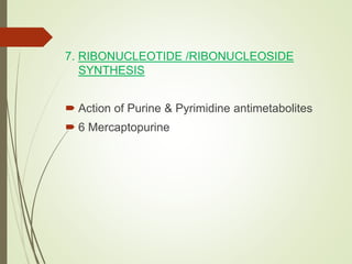 7. RIBONUCLEOTIDE /RIBONUCLEOSIDE
SYNTHESIS
 Action of Purine & Pyrimidine antimetabolites
 6 Mercaptopurine
 