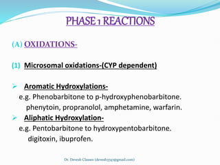 PHASE 1 REACTIONS
(A) OXIDATIONS-
(1) Microsomal oxidations-(CYP dependent)
 Aromatic Hydroxylations-
e.g. Phenobarbitone to p-hydroxyphenobarbitone.
phenytoin, propranolol, amphetamine, warfarin.
 Aliphatic Hydroxylation-
e.g. Pentobarbitone to hydroxypentobarbitone.
digitoxin, ibuprofen.
Dr. Devesh Classes (devesh3747@gmail.com)
 
