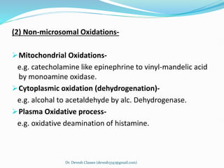 (2) Non-microsomal Oxidations-
Mitochondrial Oxidations-
e.g. catecholamine like epinephrine to vinyl-mandelic acid
by monoamine oxidase.
Cytoplasmic oxidation (dehydrogenation)-
e.g. alcohal to acetaldehyde by alc. Dehydrogenase.
Plasma Oxidative process-
e.g. oxidative deamination of histamine.
Dr. Devesh Classes (devesh3747@gmail.com)
 