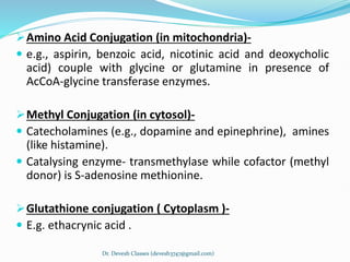 Amino Acid Conjugation (in mitochondria)-
 e.g., aspirin, benzoic acid, nicotinic acid and deoxycholic
acid) couple with glycine or glutamine in presence of
AcCoA-glycine transferase enzymes.
Methyl Conjugation (in cytosol)-
 Catecholamines (e.g., dopamine and epinephrine), amines
(like histamine).
 Catalysing enzyme- transmethylase while cofactor (methyl
donor) is S-adenosine methionine.
Glutathione conjugation ( Cytoplasm )-
 E.g. ethacrynic acid .
Dr. Devesh Classes (devesh3747@gmail.com)
 