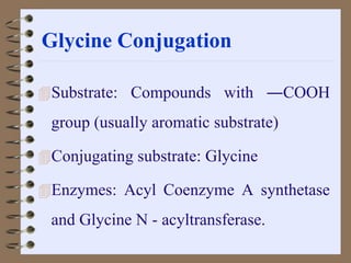 Glycine Conjugation
Substrate: Compounds with ―COOH
group (usually aromatic substrate)
Conjugating substrate: Glycine
Enzymes: Acyl Coenzyme A synthetase
and Glycine N - acyltransferase.
 