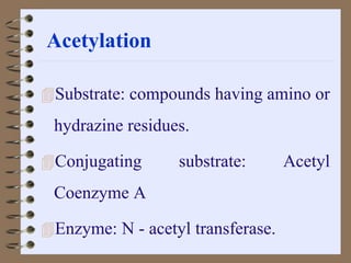 Acetylation
Substrate: compounds having amino or
hydrazine residues.
Conjugating substrate: Acetyl
Coenzyme A
Enzyme: N - acetyl transferase.
 