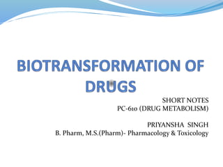 SHORT NOTES
PC-610 (DRUG METABOLISM)
PRIYANSHA SINGH
B. Pharm, M.S.(Pharm)- Pharmacology & Toxicology
 