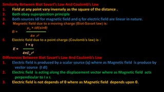 Similarity Between Biot Savart’s Law And Coulomb’s Law
1. Field at any point vary inversely as the square of the distance .
2. Both obey superposition principle
3. Both sources Idl for magnetic field and q for electric field are linear in nature.
4. Magnetic field due to a moving charge (Biot-Savart law) is:
μo × idl(sinθ)
B =
4π r2
5. Electric field due to a point charge (Coulomb’s law) is :
1 × q
E =
4πƐo r2
Differences Between Biot Savart’s Law And Coulomb’s Law
1. Electric field is produced by a scalar source (q) where as Magnetic field is produce by
vector source (I dl)
2. Electric field is acting along the displacement vector where as Magnetic field acts
perpendicular to I x r.
3. Electric field is not depends of θ where as Magnetic field depends upon θ.
 