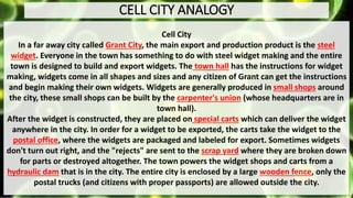 CELL CITY ANALOGY
Cell City
In a far away city called Grant City, the main export and production product is the steel
widget. Everyone in the town has something to do with steel widget making and the entire
town is designed to build and export widgets. The town hall has the instructions for widget
making, widgets come in all shapes and sizes and any citizen of Grant can get the instructions
and begin making their own widgets. Widgets are generally produced in small shops around
the city, these small shops can be built by the carpenter's union (whose headquarters are in
town hall).
After the widget is constructed, they are placed on special carts which can deliver the widget
anywhere in the city. In order for a widget to be exported, the carts take the widget to the
postal office, where the widgets are packaged and labeled for export. Sometimes widgets
don't turn out right, and the "rejects" are sent to the scrap yard where they are broken down
for parts or destroyed altogether. The town powers the widget shops and carts from a
hydraulic dam that is in the city. The entire city is enclosed by a large wooden fence, only the
postal trucks (and citizens with proper passports) are allowed outside the city.
 