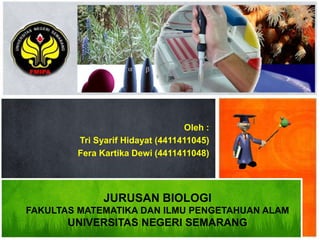 Jurusan Biologi FMIPA
Universitas Negeri Semarang
Oleh :
Tri Syarif Hidayat (4411411045)
Fera Kartika Dewi (4411411048)
JURUSAN BIOLOGI
FAKULTAS MATEMATIKA DAN ILMU PENGETAHUAN ALAM
UNIVERSITAS NEGERI SEMARANG
 