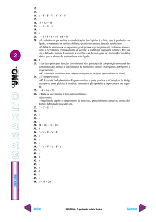IMPRIMIR
Voltar Avançar
2
BIOLOGIA - Organização celular básica
12. c
13. c
14. V – F – F – V – V – V – F
15. c
16. 16 + 32 = 48
17. C – C – E – C
18. c
19. b
20. 1 + 2 + 4 + 8 + 16 + 64 = 95
21. a)A substância que realiza a emulsificação dos lipídios é a bile, que é produzida no
fígado, armazenada na vesícula biliar e, quando necessária, lançada no duodeno.
b)A falta de vitamina A no organismo pode provocar principalmente problemas visuais,
como a xeroftalmia (ressecamento da córnea) e nictalopia (cegueira noturna). Por sua
vez, a falta de vitamina K aumenta a ocorrência de hemorragias.A vitamina K é um fator
básico para a síntese de protrombina pelo fígado.
22. d
23. a) As duas principais funções do colesterol são: participar da composição estrutural das
membranas dos animais e ser percursor de hormônios sexuais (estrógenos, andrógenos e
progesterona).
b) O colesterol sangüíneo tem origem endógena ou exógena (proveniente da dieta).
24. a) Transporte ativo.
b) O Retículo Endoplasmático Rugoso sintetiza a parte protéica e o Complexo de Golgi
incorpora a parte glicídica à protéica, formando a glicoproteína e exportando-a em segui-
da.
25. 1 +8 + 16 = 23
26. a)Trata-se da vitamina C (ou antiescorbútica).
b)Escorbuto.
c)Fragilidade capilar e sangramento de mucosas, principalmente gengivas; queda dos
dentes; debilidade muscular; etc.
27. C – C – E – E
28. e
29. a
30. e
31. a
32. 04 + 08 + 16 = 28
33. d
34. F – V – V – V – F
35. b
36. e
37. a
38. F – V – V – V – F – V
39. c
40. a
41. d
42. b
43. e
44. b
45. d
46. e
47. a
48. 2 + 16 = 20
G
A
B
A
R
IT
O
 