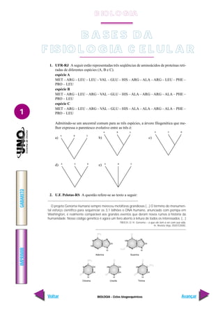 BIOLOGIA - Ciclos biogoequímicos
IMPRIMIR
Voltar
GABARITO
Avançar
1
BASES DA
B A S E S D A
FISIOLOGIA CELULAR
F ISIO L O G IA C E L U L A R
1. UFR-RJ A seguir estão representadas três seqüências de aminoácidos de proteínas reti-
radas de diferentes espécies (A, B e C).
espécie A
MET – ARG – LEU – LEU – VAL – GLU – HIS – ARG – ALA – ARG – LEU – PHE –
PRO – LEU
espécie B
MET – ARG – LEU – ARG – VAL – GLU – HIS – ALA – ARG – ARG – ALA – PHE –
PRO – LEU
espécie C
MET – ARG – LEU – ARG – VAL – GLU – HIS – ALA – ALA – ARG – ALA – PHE –
PRO – LEU
Admitindo-se um ancestral comum para as três espécies, a árvore filogenética que me-
lhor expressa o parentesco evolutivo entre as três é:
a) b) c)
d) e)
2. U.F. Pelotas-RS A questão refere-se ao texto a seguir:
O projeto Genoma Humano sempre mereceu metáforas grandiosas (...) O término do monumen-
tal esforço científico para seqüênciar os 3,1 bilhões o DNA humano, anunciado com pompa em
Washington, é realmente comparável aos grandes eventos que deram novos rumos à história da
humanidade. Nosso código genético é agora um livro aberto à leitura de todos os interessados. (...)
TREICH, D. H. Genoma – o que ele tem a ver com sua vida.
In. Revista Veja, 05/07/2000.
B IO L O GIA
 