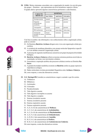 IMPRIMIR
Voltar
GABARITO
Avançar
8
BIOLOGIA - Classificação dos seres vivos
28. UFBA Muitos sistematas concordam com a organização do mundo vivo em três gran-
des grupos – Domínios – que representam um nível taxanômico superior a Reino.
O quadro abaixo apresenta algumas características pertinentes a cada Domínio.
CARACTE-
RÍSTICAS
Envelope nuclear
Organelas
envolvidas por
membrana
Citoesqueleto
RNA polimerase
Aminoácido
iniciador na síntese
protéica
BACTÉRIA
ausente
ausente
ausente
um só tipo
formil-
metionina
DOMÍNIOS
ARCHAEA
ausente
ausente
ausente
vários tipos
metionina
EUKARYA
presente
presente
presente
vários tipos
metionina
Com base na análise das informações e nos conhecimentos sobre a organização celular,
pode-se concluir:
01. Os Domínios Bactéria eArchaea abrigam seres vivos com organização celular pro-
cariótica.
02. A existência da membrana plasmática com arranjo molecular lipoprotéico específi-
co é um atributo essencial à organização celular.
04. A presença de organelas membranosas caracteriza um grupo de pequena diversidade
biológica.
08. Bactéria,Archaea e Eukarya exibem as mesmas estruturas protéicas envolvidas na
sustentação, na forma e nos movimentos celulares.
16. Fotossíntese e respiração aeróbica são processos celulares restritos ao Domínio Eu-
karya.
32. A grande diversidade metabólica existente em Bactéria confere ao grupo expressiva
importância ecológica.
64. Dados moleculares revelam proximidade filogenética entre Archaea e Eukarya.
Dê, como resposta, a soma das alternativas corretas.
29. U.E. Maringá-PR Considere as características a seguir e assinale o que for correto.
A) Triblásticos
B) Diblásticos
C) Acelomados
D) Celomados
E) Pseudocelomados
F) Tubo digestivo ausente
G) Tubo digestivo incompleto ou ausente
H) Tubo digestivo completo
I) Sistema circulatório ausente
J) Sistema circulatório presente
K) Sistema respiratório ausente
L) Sistema respiratório presente
01. A, E, G e K são características de Mollusca.
02. A, C, I e L são características de Aschelminthes.
04. A, C, G e K são características de Platyhelminthes.
08. A, E, F e J são características de Echinodermata.
16. A, D, H e J são características de Annelida.
32. B, F, J e L são características de Porifera.
64. B, H, I e L são características de Coelenterata (ou Cnidaria).
Dê como resposta, a soma das alternativas corretas.
 