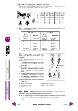 BIOLOGIA - Comunidades e populações
IMPRIMIR
Voltar
GABARITO
Avançar
10
42. PUC-PR Na ilustração estão representados cinco insetos.
Considerando a ORDEM a que cada inseto pertence, assinale a alternativa em que os
cinco insetos se encontram corretamente classificados.
a)
b)
c)
d)
e)
borboleta
formiga
barbeiro
barbeiro
formiga
mosca
barbeiro
formiga
formiga
barbeiro
formiga
besouro
borboleta
borboleta
mosca
besouro
borboleta
besouro
mosca
besouro
barbeiro
mosca
mosca
besouro
borboleta
Heminoptera
Hemiptera Lepidoptera Coleoptera Diptera
43. UFRN Marque a opção em que as duas classes estão corretamente associadas ao tipo de
respiração e à importância.
INSECTA ARACHNIDA
Tipo de
Importância
Tipo de
Importância
Respiração Respiração
a) Traqueal Praga agrícola Traqueal ou Parasitas de
Filotraqueal animais
b) Filotraqueal Transmissão Traqueal Cadeia
de doenças alimentar
c) Traqueal Controle Filotraqueal Despoluidor
biológico ambiental
d) Filotraqueal Produção de Traqueal ou Produção de
Propólis Filotraqueal veneno
44. UFPI A figura a seguir mostra esquematica-
mente o tipo de reprodução em abelhas do gê-
nero Apis.
Analise as seguintes afirmativas sobre o esque-
ma da figura.
I. A produção de zangões caracteriza o proces-
so de reprodução assexuada denominado par-
tenogênese.
II. Os zangões podem ser considerados clones
perfeitos da abelha rainha, uma vez que não
houve a fecundação dos óvulos que os origi-
naram.
III. As operárias são estéreis devido à esperma-
togênese nos zangões produzir, através da
meiose gametas com um número de cromos-
somos 4(quatro) vezes menor.
Da análise das afirmativas acima podemos asse-
gurar que:
a) apenas I está correta; d) apenas II está correta;
b) I e II estão corretas; e) I e III estão corretas.
c) II e III estão corretas;
45. UNICAMP-SP Os vertebrados apresentam apenas endoesqueleto, enquanto que os in-
vertebrados podem apresentar exoesqueleto ou endoesqueleto.
a) Dê um exemplo de invertebrado com endoesqueleto e outro com exoesqueleto. Indi-
que em cada caso a função e o principal componente químico do esqueleto.
b) Que grupo de vertebrados possui esqueleto inteiramente cartilaginoso?
 