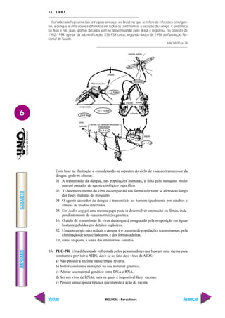 IMPRIMIR
Voltar
GABARITO
Avançar
6
BIOLOGIA - Parasitoses
14. UFBA
Considerada hoje uma das principais ameaças ao Brasil no que se refere às infecções emergen-
tes, a dengue é uma doença difundida em todos os continentes, à exceção da Europa. É endêmica
na Ásia e nas duas últimas décadas vem se disseminando pelo Brasil e registrou, no período de
1982-1994, apesar da subnotificação, 336.954 casos, segundo dados de 1996 da Fundação Na-
cional de Saúde.
MACHADO, p. 29
Com base na ilustração e considerando-se aspectos do ciclo de vida do transmissor da
dengue, pode-se afirmar:
01. A transmissão da dengue, nas populações humanas, é feita pelo mosquito Aedes
aegypti portador do agente etiológico específico.
02. O desenvolvimento do vírus da dengue até sua forma infectante se efetiva ao longo
das fases imaturas do mosquito.
04. O agente causador da dengue é transmitido ao homem igualmente por machos e
fêmeas de insetos infectados.
08. Em Aedes aegypti uma mesma pupa pode se desenvolver em macho ou fêmea, inde-
pendentemente de sua constituição genética.
16. O ciclo de transmissão do vírus da dengue é assegurado pela ovoposição em águas
bastante poluídas por detritos orgânicos.
32. Uma estratégia para reduzir a dengue é o controle de populações transmissoras, pela
eliminação de seus criadouros, e das formas adultas.
Dê, como resposta, a soma das alternativas corretas.
15. PUC-PR Uma dificuldade enfrentada pelos pesquisadores que buscam uma vacina para
combater e previnir a AIDS, deve-se ao fato de o vírus da AIDS:
a) Não possuir a enzima transcriptase reversa.
b) Sofrer constantes mutações no seu material genético.
c) Alterar seu material genético entre DNA e RNA.
d) Ser um vírus de RNAr, para os quais é impossível fazer vacinas.
e) Possuir uma cápsula lipídica que impede a ação da vacina.
 