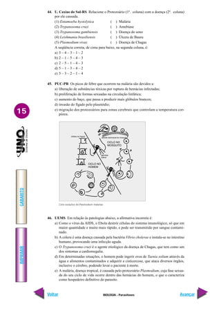 IMPRIMIR
Voltar
GABARITO
Avançar
15
BIOLOGIA - Parasitoses
44. U. Caxias do Sul-RS Relacione o Protozoário (1ª. coluna) com a doença (2ª. coluna)
por ele causada.
(1) Entamoeba hystolytica ( ) Malária
(2) Trypanosoma cruzi ( ) Amebíase
(3) Trypanosoma gambiensis ( ) Doença do sono
(4) Leishmania brasiliensis ( ) Úlcera de Bauru
(5) Plasmodium vivax ( ) Doença de Chagas
A seqüência correta, de cima para baixo, na segunda coluna, é:
a) 5 – 4 – 3 – 1 – 2
b) 2 – 1 – 5 – 4 – 3
c) 2 – 5 – 1 – 4 – 3
d) 5 – 1 – 3 – 4 – 2
e) 5 – 3 – 2 – 1 – 4
45. PUC-PR Os picos de febre que ocorrem na malária são devidos a:
a) liberação de substâncias tóxicas por ruptura de hemácias infectadas;
b) proliferação de formas sexuadas na circulação linfática;
c) aumento do baço, que passa a produzir mais glóbulos brancos;
d) invasão do fígado pelo plasmódio;
e) migração dos protozoários para zonas cerebrais que controlam a temperatura cor-
pórea.
Ciclo evolutivo do Plasmodium malariae.
46. UEMS Em relação às patologias abaixo, a afirmativa incorreta é:
a) Como o vírus da AIDS, o Ebola destrói células do sistema imunológico, só que em
maior quantidade e muito mais rápido, e pode ser transmitido por sangue contami-
nado.
b) A cólera é uma doença causada pela bactéria Vibrio cholerae e instala-se no intestino
humano, provocando uma infecção aguda.
c) O Trypanosoma cruzi é o agente etiológico da doença de Chagas, que tem como um
dos sintomas a cardiomegalia.
d) Em determinadas situações, o homem pode ingerir ovos de Taenia solium através da
água e alimentos contaminados e adquirir a cisticercose, que ataca diversos órgãos,
inclusive o cérebro, podendo levar o paciente à morte.
e) A malária, doença tropical, é causada pelo protozoário Plasmodium, cuja fase sexua-
da do seu ciclo de vida ocorre dentro das hemácias do homem, o que o caracteriza
como hospedeiro definitivo do parasito.
 