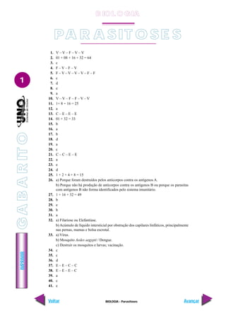 IMPRIMIR
Voltar Avançar
1
BIOLOGIA - Parasitoses
PA R A SIT O SE S
1. V – V – F – V – V
2. 01 + 08 + 16 + 32 = 64
3. c
4. F – V – F – V
5. F – V – V – V – V – F – F
6. c
7. d
8. e
9. a
10. V – V – F – F – V – V
11. 1+ 8 + 16 = 25
12. a
13. C – E – E – E
14. 01 + 32 = 33
15. b
16. a
17. b
18. d
19. a
20. c
21. C – C – E – E
22. a
23. e
24. d
25. 1 + 2 + 4 + 8 = 15
26. a) Porque foram destruídos pelos anticorpos contra os antígenos A.
b) Porque não há produção de anticorpos contra os antígenos B ou porque os parasitas
com antígenos B não forma identificados pelo sistema imunitário.
27. 1 + 16 + 32 = 49
28. b
29. e
30. b
31. a
32. a) Filariose ou Elefantíase.
b) Acúmulo de líquido intersticial por obstrução dos capilares linfáticos, principalmente
nas pernas, mamas e bolsa escrotal.
33. a) Vírus.
b) Mosquito Aedes aegypti / Dengue.
c) Destruir os mosquitos e larvas; vacinação.
34. c
35. c
36. d
37. E – E – C – C
38. E – E – E – C
39. a
40. c
41. e
G
A
B
A
R
IT
O
B IO L O GIA
 
