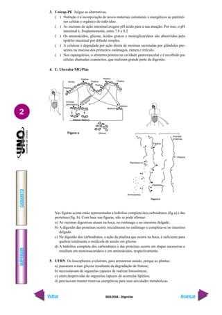 IMPRIMIR
Voltar
GABARITO
Avançar
2
BIOLOGIA - Digestão
Figura a
3. Unicap-PE Julgue as alternativas.
( ) Nutrição é a incorporação de novos materiais estruturais e energéticos ao patrimô-
nio celular e orgânico do indivíduo.
( ) As enzimas de ação intestinal exigem pH ácido para a sua atuação. Por isso, o pH
intestinal é, freqüentemente, entre 7.8 e 8.2
( ) Os aminoácidos, glicose, ácidos graxos e monoglicerídeos são absorvidos pelo
epitélio intestinal por difusão simples.
( ) A celulose é degradada por ação direta de enzimas secretadas por glândulas pre-
sentes na mucosa dos primeiros estômagos, rúmen e retículo.
( ) Nos espongiários, o alimento penetra na cavidade gastrovascular e é recolhido por
células chamadas coanócitos, que realizam grande parte da digestão.
4. U. Uberaba-MG/Pias
Nas figuras acima estão representadas a hidrólise completa dos carboidratos (fig.a) e das
proteínas (fig. b). Com base nas figuras, não se pode afirmar:
a) As enzimas digestivas atuam na boca, no estômago e no intestino delgado.
b) A digestão das proteínas ocorre inicialmente no estômago e completa-se no intestino
delgado.
c) Na digestão dos carboidratos, a ação da ptialina que ocorre na boca, é suficiente para
quebrar totalmente a molécula de amido em glicose.
d) A hidrólise completa dos carboidratos e das proteínas ocorre em etapas sucessivas e
resultam em monossacarídeos e em aminoácidos, respectivamente.
5. UFRN Os leucoplastos evoluíram, para armazenar amido, porque as plantas:
a) passaram a usar glicose resultante da degradação de frutose;
b) necessitavam de organelas capazes de realizar fotossíntese;
c) eram desprovidas de organelas capazes de acumular lipídios;
d) precisavam manter reservas energéticas para suas atividades metabólicas.
 