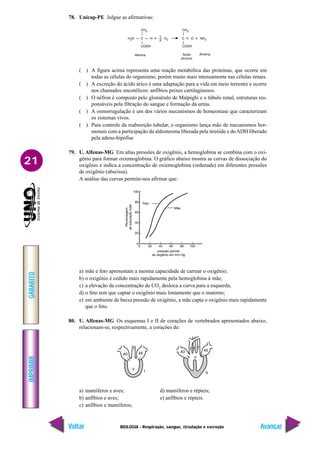 IMPRIMIR
Voltar
GABARITO
Avançar
21
BIOLOGIA - Respiração, sangue, circulação e excreção
78. Unicap-PE Julgue as afirmativas:
( ) A figura acima representa uma reação metabólica das proteínas, que ocorre em
todas as células do organismo, porém muito mais intensamente nas células renais.
( ) A excreção do ácido úrico é uma adaptação para a vida em meio terrestre e ocorre
nos chamados uncotélicos: anfíbios peixes cartilaginosos.
( ) O néfron é composto pelo glomérulo de Malpighi e o túbulo renal, estruturas res-
ponsáveis pela filtração do sangue e formação da urina.
( ) A osmorregulação é um dos vários mecanismos de homeostase que caracterizam
os sistemas vivos.
( ) Para controle da reabsorção tubular, o organismo lança mão de mecanismos hor-
monais com a participação da aldosterona liberada pela tireóide e doADH liberado
pela adeno-hipófise
79. U. Alfenas-MG Em altas pressões de oxigênio, a hemoglobina se combina com o oxi-
gênio para formar oxiemoglobina. O gráfico abaixo mostra as curvas de dissociação do
oxigênio e indica a concentração de oxiemoglobina (ordenada) em diferentes pressões
de oxigênio (abscissa).
A análise das curvas permite-nos afirmar que:
a) mãe e feto apresentam a mesma capacidade de carrear o oxigênio;
b) o oxigênio é cedido mais rapidamente pela hemoglobina à mãe;
c) a elevação da concentração de CO2
desloca a curva para a esquerda;
d) o feto tem que captar o oxigênio mais lentamente que o materno;
e) em ambiente de baixa pressão de oxigênio, a mãe capta o oxigênio mais rapidamente
que o feto.
80. U. Alfenas-MG Os esquemas I e II de corações de vertebrados apresentados abaixo,
relacionam-se, respectivamente, a corações de:
a) mamíferos e aves; d) mamíferos e répteis;
b) anfíbios e aves; e) anfíbios e répteis.
c) anfíbios e mamíferos;
 