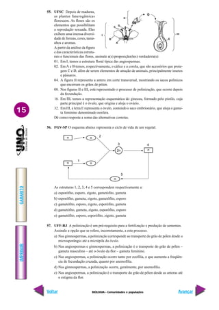 BIOLOGIA - Comunidades e populações
IMPRIMIR
Voltar
GABARITO
Avançar
15
55. UFSC Depois de maduras,
as plantas fanerogâmicas
florescem. As flores são os
elementos que possibilitam
a reprodução sexuada. Elas
exibem uma imensa diversi-
dade de formas, cores, tama-
nhos e aromas.
A partir da análise da figura
e das características estrutu-
rais e funcionais das flores, assinale a(s) proposição(ões) verdadeira(s):
01. Em I, temos a estrutura floral típica das angiospermas.
02. Em A e B temos, respectivamente, o cálice e a corola, que são acessórios que prote-
gem C e D, além de serem elementos de atração de animais, principalmente insetos
e pássaros.
04. A figura II representa a antera em corte transversal, mostrando os sacos polínicos
que encerram os grãos de pólen.
08. Nas figuras II e III, está representado o processo de polinização, que ocorre depois
da fecundação.
16. Em III, temos a representação esquemática do gineceu, formado pelo pistilo, cuja
parte principal é o óvulo, que origina e aloja o ovário.
32. Em III, a letra E representa o óvulo, contendo o saco embrionário, que aloja o game-
ta feminino denominado oosfera.
Dê como resposta a soma das alternativas corretas.
56. FGV-SP O esquema abaixo representa o ciclo de vida de um vegetal.
As estruturas 1, 2, 3, 4 e 5 correspondem respectivamente a:
a) esporófito, esporo, zigoto, gametófito, gameta
b) esporófito, gameta, zigoto, gametófito, esporo
c) gametófito, esporo, zigoto, esporófito, gameta
d) gametófito, gameta, zigoto, esporófito, esporo
e) gametófito, esporo, esporófito, zigoto, gameta
57. UFF-RJ A polinização é um pré-requisito para a fertilização e produção de sementes.
Assinale a opção que se refere, incorretamente, a este processo.
a) Nas gimnospermas, a polinização corresponde ao transporte do grão de pólen desde o
microsporângio até a micrópila do óvulo.
b) Nas angiospermas e gimnospermas, a polinização é o transporte do grão de pólen –
gameta masculino – até o óvulo da flor – gameta feminino.
c) Nas angiospermas, a polinização ocorre tanto por zoofilia, o que aumenta a freqüên-
cia de fecundação cruzada, quanto por anemofilia.
d) Nas gimnospermas, a polinização ocorre, geralmente, por anemofilia.
e) Nas angiospermas, a polinização é o transporte do grão de pólen desde as anteras até
o estigma da flor.
n n
n n
n
2n n
2
3 4
5
1
 