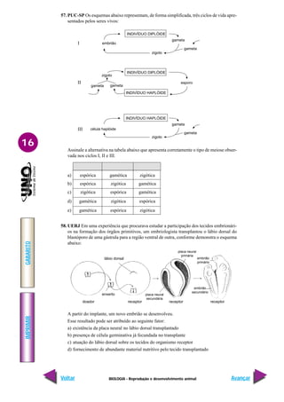 BIOLOGIA - Reprodução e desenvolvimento animal
IMPRIMIR
Voltar
GABARITO
Avançar
16
57. PUC-SP Os esquemas abaixo representam, de forma simplificada, três ciclos de vida apre-
sentados pelos seres vivos:
Assinale a alternativa na tabela abaixo que apresenta corretamente o tipo de meiose obser-
vada nos ciclos I, II e III.
I II III
a) espórica gamética zigótica
b) espórica zigótica gamética
c) zigótica espórica gamética
d) gamética zigótica espórica
e) gamética espórica zigótica
58. UERJ Em uma experiência que procurava estudar a participação dos tecidos embrionári-
os na formação dos órgãos primitivos, um embriologista transplantou o lábio dorsal do
blastóporo de uma gástrula para a região ventral de outra, conforme demonstra o esquema
abaixo:
A partir do implante, um novo embrião se desenvolveu.
Esse resultado pode ser atribuído ao seguinte fator:
a) existência da placa neural no lábio dorsal transplantado
b) presença de célula germinativa já fecundada no transplante
c) atuação do lábio dorsal sobre os tecidos do organismo receptor
d) fornecimento de abundante material nutritivo pelo tecido transplantado
INDIVÍDUO DIPLÓIDE
embrião
zigoto
gameta
gameta
INDIVÍDUO HAPLÓIDE
célula haplóide
zigoto
gameta
gameta
INDIVÍDUO DIPLÓIDE
gameta
esporo
INDIVÍDUO HAPLÓIDE
gameta
zigoto
lábio dorsal
enxerto
doador receptor
placa neural
secundária
placa neural
primária
embrião
primário
embrião
secundário
receptor receptor
I
II
III
 