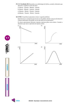BIOLOGIA - Reprodução e desenvolvimento animal
IMPRIMIR
Voltar
GABARITO
Avançar
17
59. U.F. Uberlândia-MG Baseando-se na embriologia do Anfioxo, assinale a alternativa que
apresenta a seqüência correta das fases.
a) Mórula – Gástrula – Blástula – Nêurula.
b) Mórula – Blástula – Gástrula – Nêurula.
c) Blástula – Mórula – Nêurula – Gástrula.
d) Blástula – Nêurula – Mórula – Gástrula.
60. UFMG Um professor apresentou à classe o seguinte problema:
Qual deverá ser a variação do peso de um ovo de galinha, durante o processo de desenvol-
vimento embrionário do pintinho, até um dia antes de seu nascimento?
Os alunos apresentaram diferentes respostas expressas pelas curvas abaixo. Assinale a
alternativa que mais se aproxima da resposta correta.
a) b)
c) d)
PESO
DIAS
PESO
DIAS
PESO
DIAS
PESO
DIAS
 